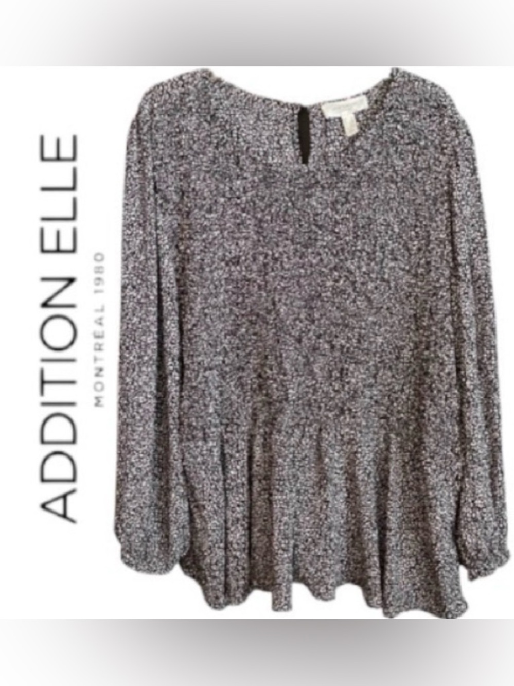 4X Addition Elle Shirred Black/ White Dot Print Peplum Top with Balloon Sleeves